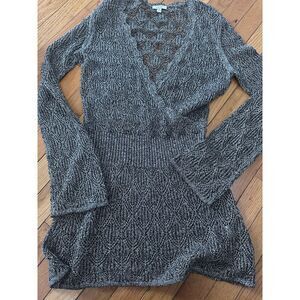 Cache M Ramie Blend Open Knit Tunic Blouse Dress Grey Silver